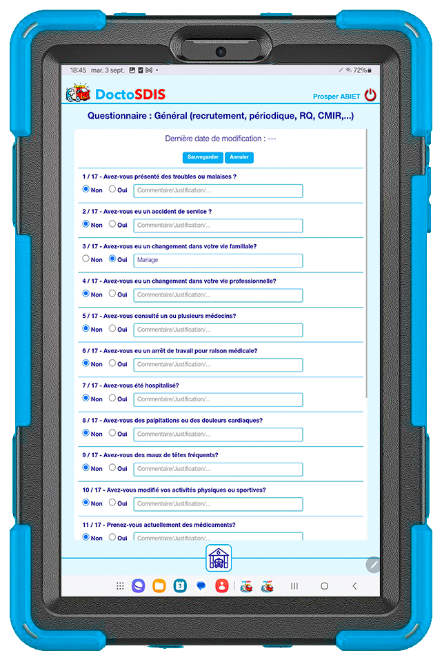 Tablette MediSAP DoctoSDIS  Questionnaire